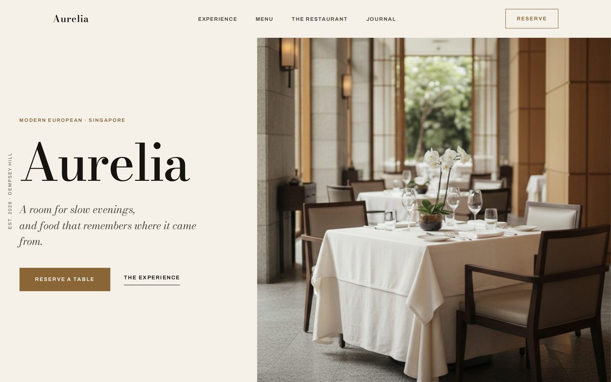 Aurelia concept website, an editorial fine dining homepage